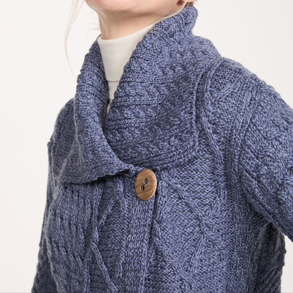 Aran Woolen Mills Ireland Celtic Merino Wool Long Cardigan Blue XXL Cable Knit